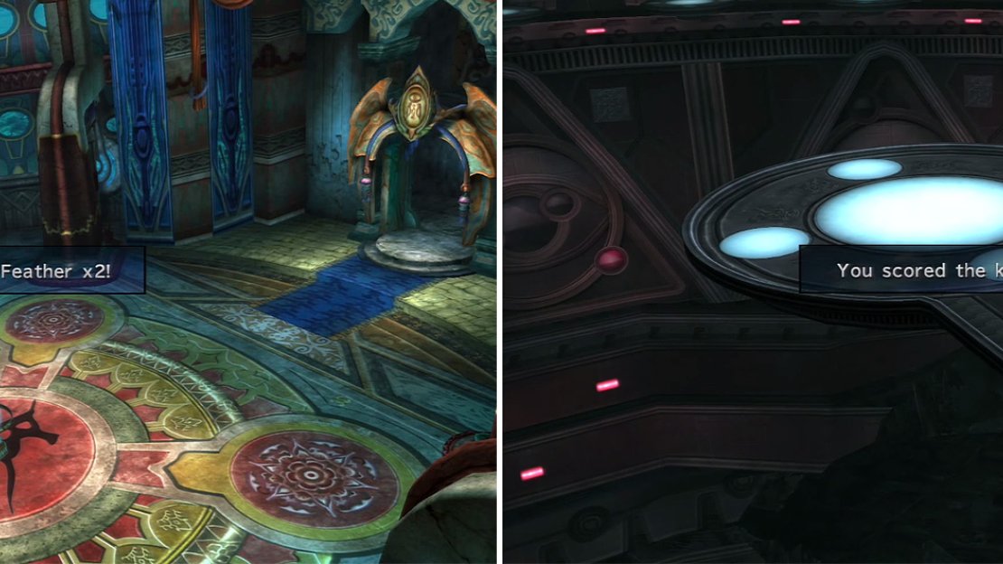 Be on the look out for new chests that have appeared (left). After the scenes in the Underground, pick up the Crimson Sphere 1 (right) from the floor nearby.