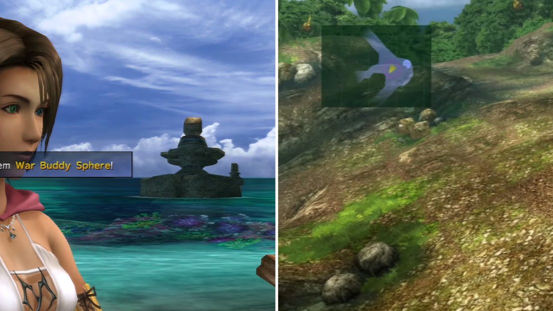 Speak to Beclem at the beach to receive the War Buddy Sphere (left) then return to Wakka (right) at the village entrance to complete this part.