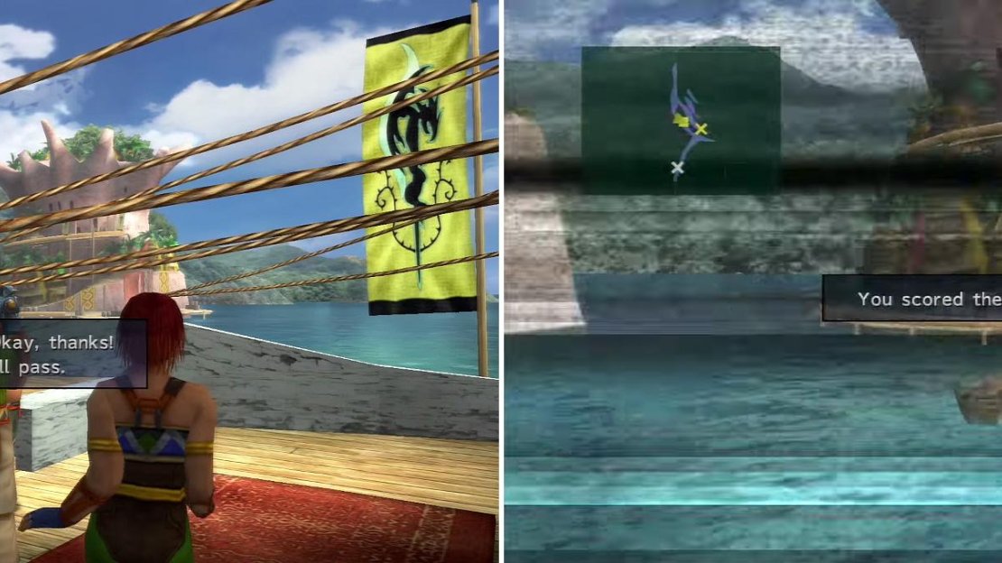 Talk to the man with the camera again (left) and when you get onto the island, find the chest with the Invincible accessory (right). Talk to the person running around too!