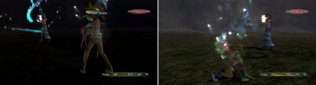 Rikku&rsquo;s attacks are limited to a few grenade-types and her normal attack (left). As the enemy&rsquo;s health gets lower, they will drop to their knees (right).