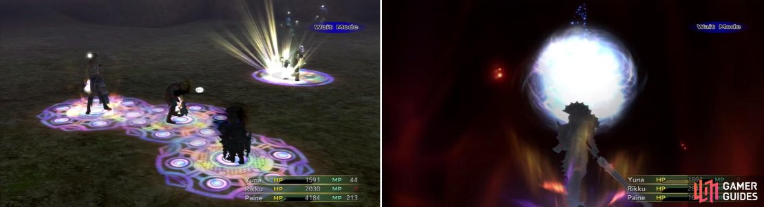 Nooj&rsquo;s basic attacks are manageable, as is Greedy Aura (left) despite it&rsquo;s annoying MP-drain effect. Just when you think the battle is going well, Lightfall (right) will appear, causing 5000 HP damage regardless!