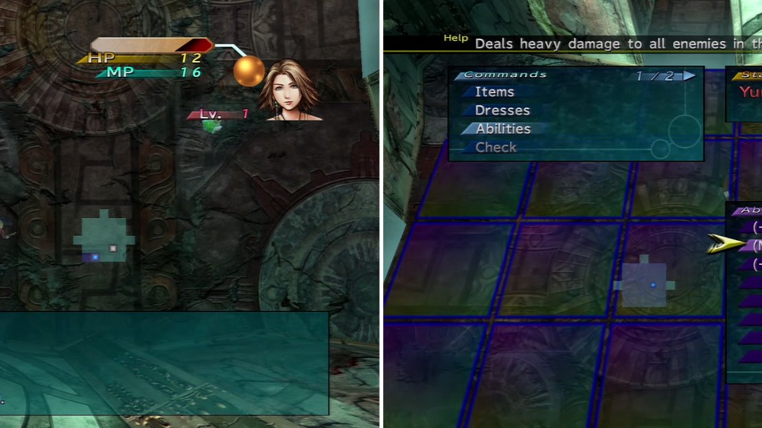 This section is completely different to what you’ve done before. Take your time to read the tutorials and study them. Dressphere abilities (right) affect things differently here too. Examine them closely.