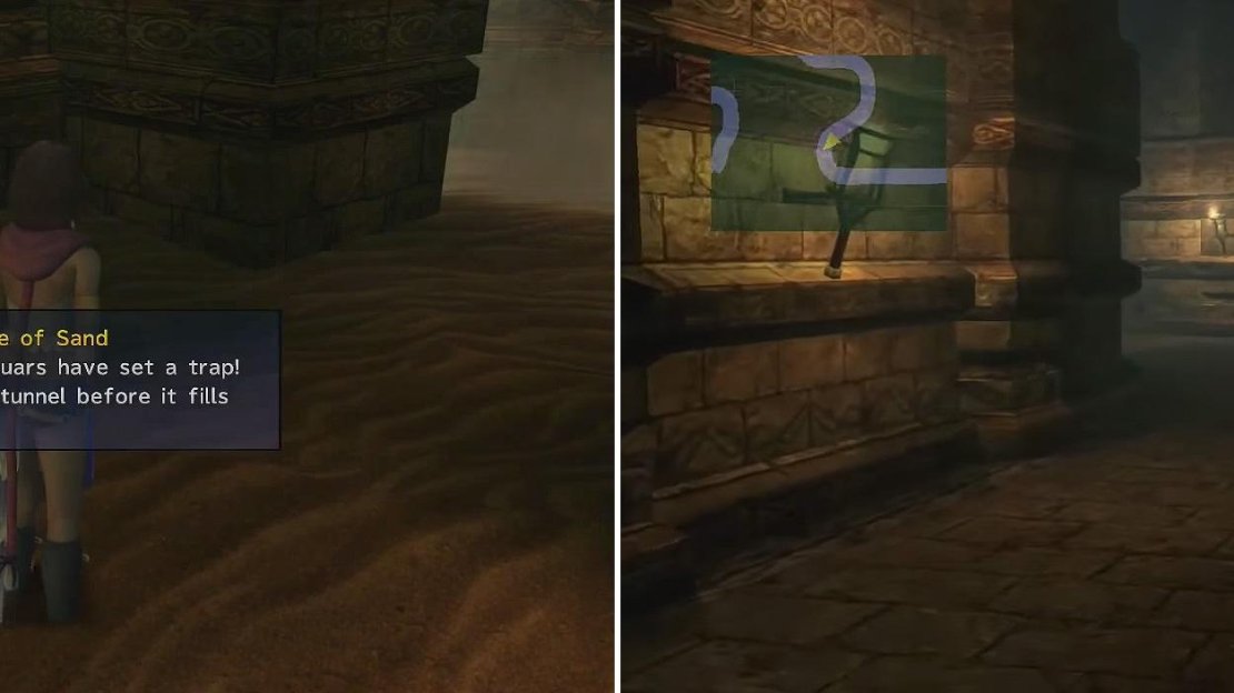 Having the pit fill up with sand (left) just pops you out somewhere else. Around this corner (right) is the final Cactuar after climbing out of the pit.