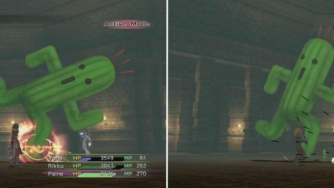 The only thing Jumbo Cactuar will do is Hastega (left). The little ones are more dangerous with 1000 Needles (right) and 3000 Needles Special so kill them quickly.
