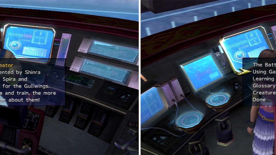 The Creature Creator (left) will be new to many of you as it was only included in the International Versions. Listening to the tutorial on Garment Grids (right) results in Shinra giving you the Vanguard Garment Grid.