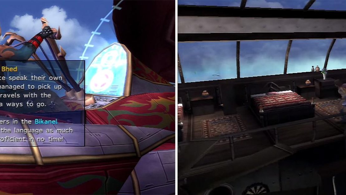 You can learn Al Bhed (left) just like FFX. Speaking to Brother nets you three Primers. Make sure to sleep in the cabin (right) in each chapter if you want 100% completion.