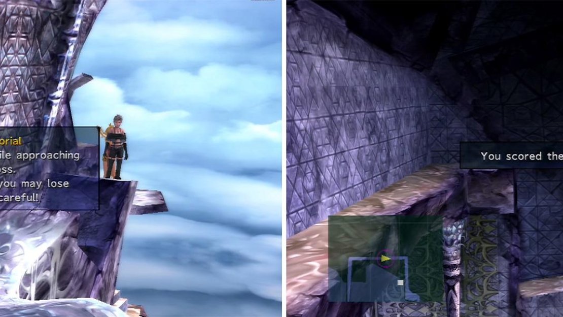 Unlike FFX, you can now jump over gaps and up ledges. You can drop down to ledges below to acquire otherwise unreachable items (right).