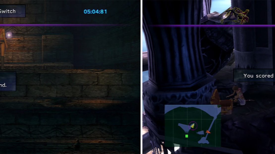 Hitting the switches (left) inside the ruins opens up paths to some nice items (right).