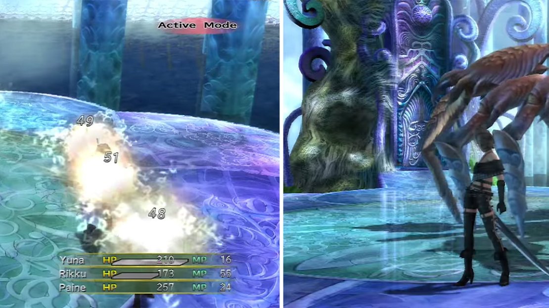 Sticky End (left) hits all characters for 40-50 HP but also causes Stop for a while. Spider Bite (right) sees Boris gobble up a character and spit them out for a decent amount of damage.