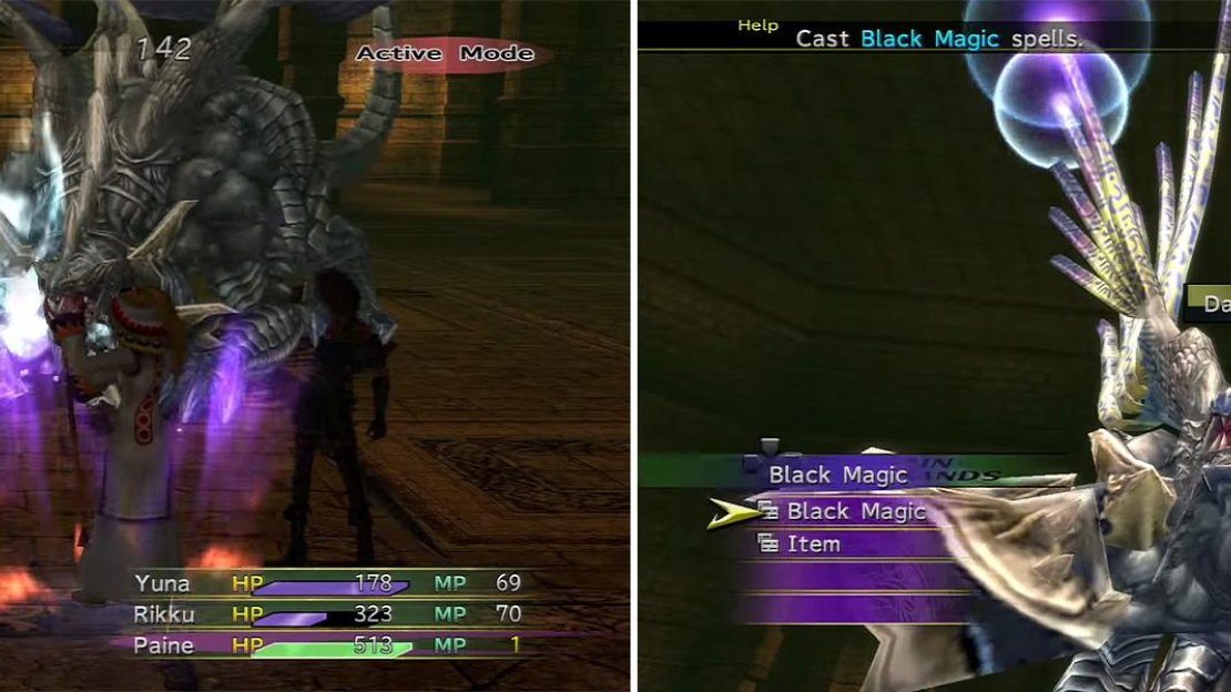 Elemental attacks (left) are the best way to kill Guardian Beast. Damocles Photon (right) is a powerful attack the Beast will use once its HP is under 1000.