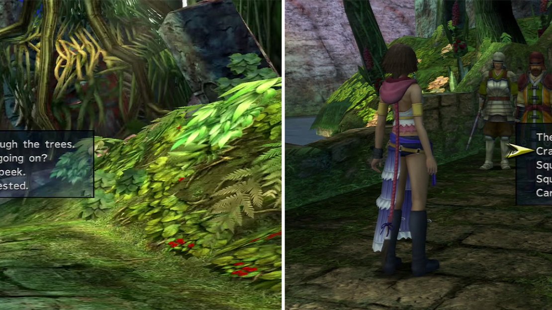 You can peek through the trees at certain areas (left) to learn passwords which you must speak to the soldiers (right) to avoid fights later.