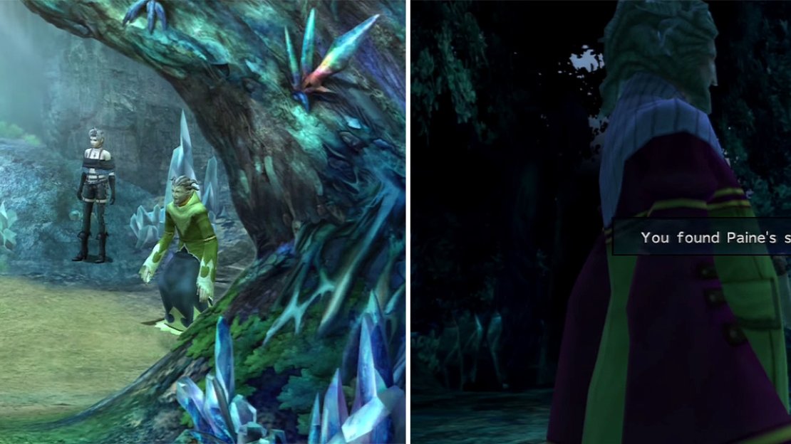 You can corner O’aka in this spot (left). Speaking with Trommel four times, after hearing the Woods’ sad tale from its other denizens, nets you Paine’s special Dressphere Full Throttle (right).