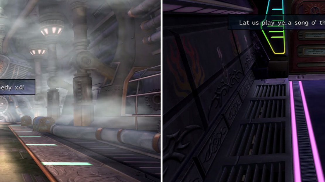 The chests in the Engine Room have replenished (left). You need to ask the musicians to accompany you and then push them in the elevator (right).