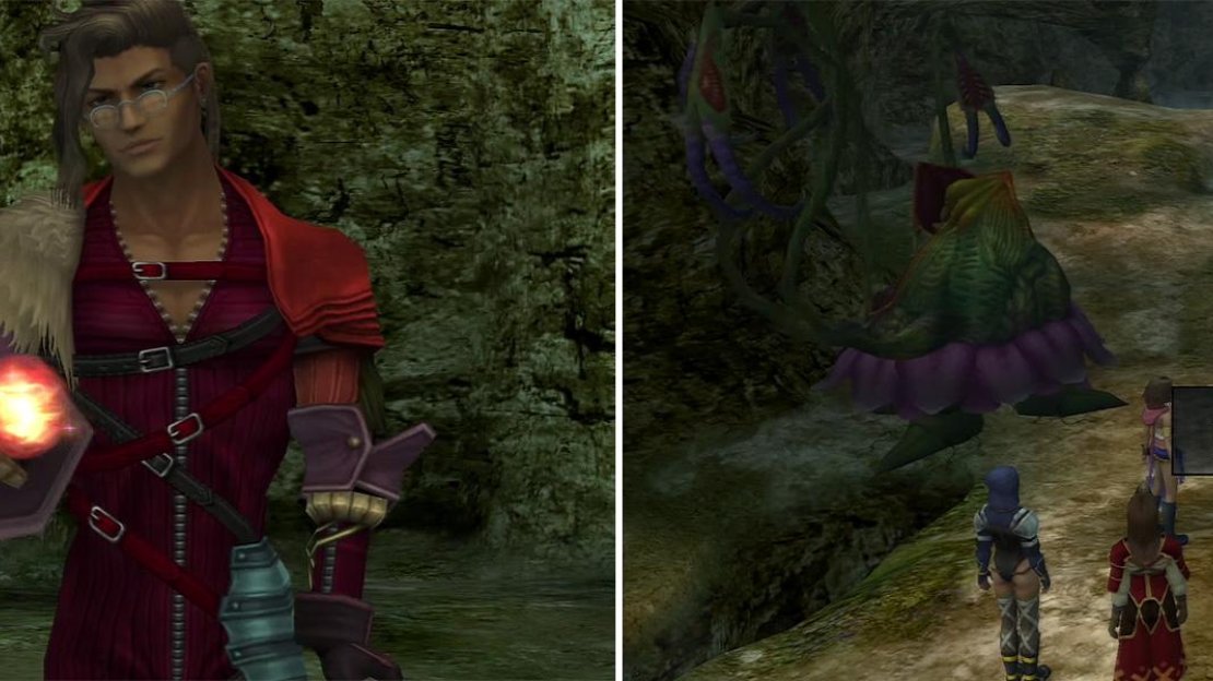 Visiting the entrance to the Den of Woe results in Nooj handing over one of the 10 Crimson Spheres (left). You can sneak past the Ochus to avoid a fight (right).