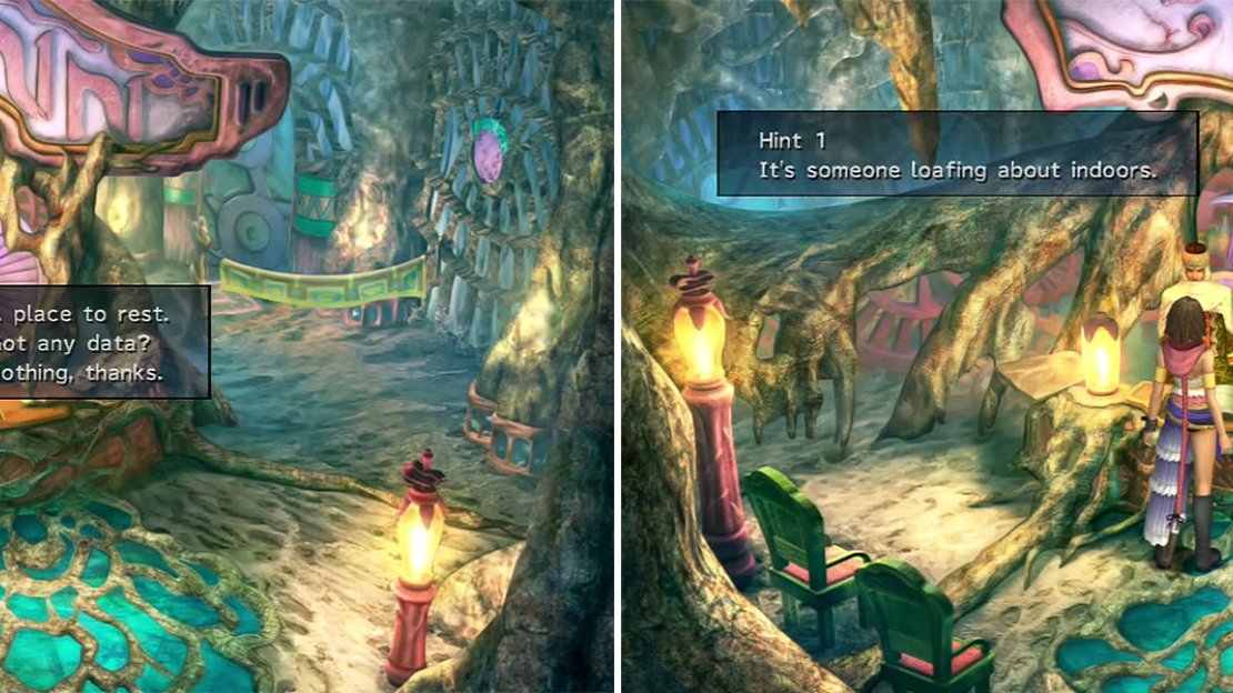 Speak to the shopkeeper and ask about data (left). He will then give you some clues as to the person who will pay for the data (right).