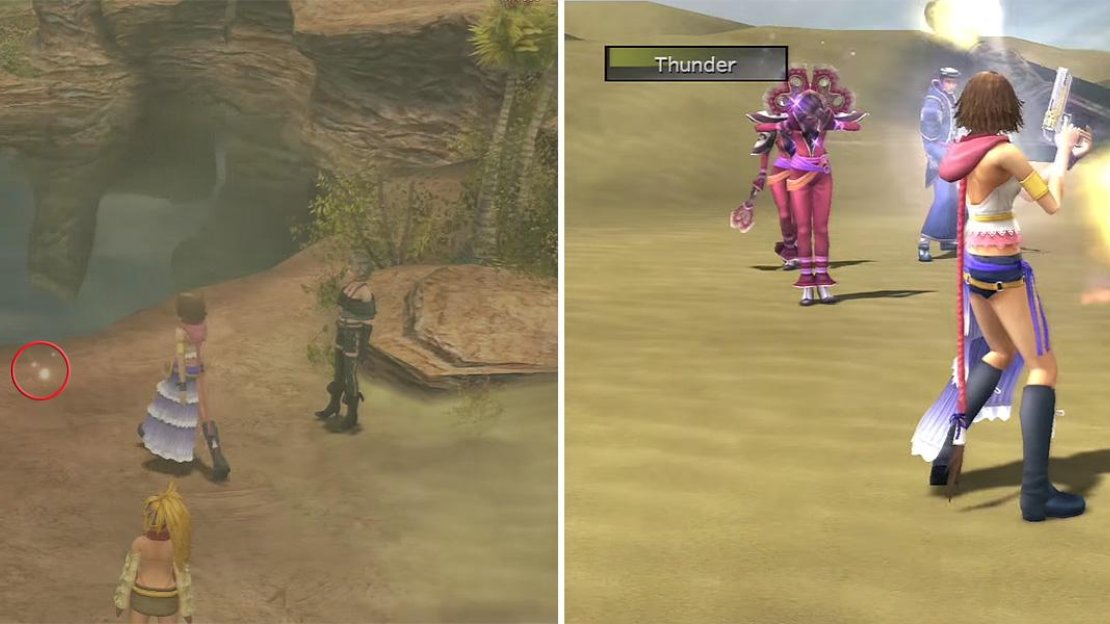 Like Djose, you can acquire a Special Dressphere in Bikanel (left) which starts a boss fight. Logos is back with some She-Goons who will chip away at your HP with spells (right).
