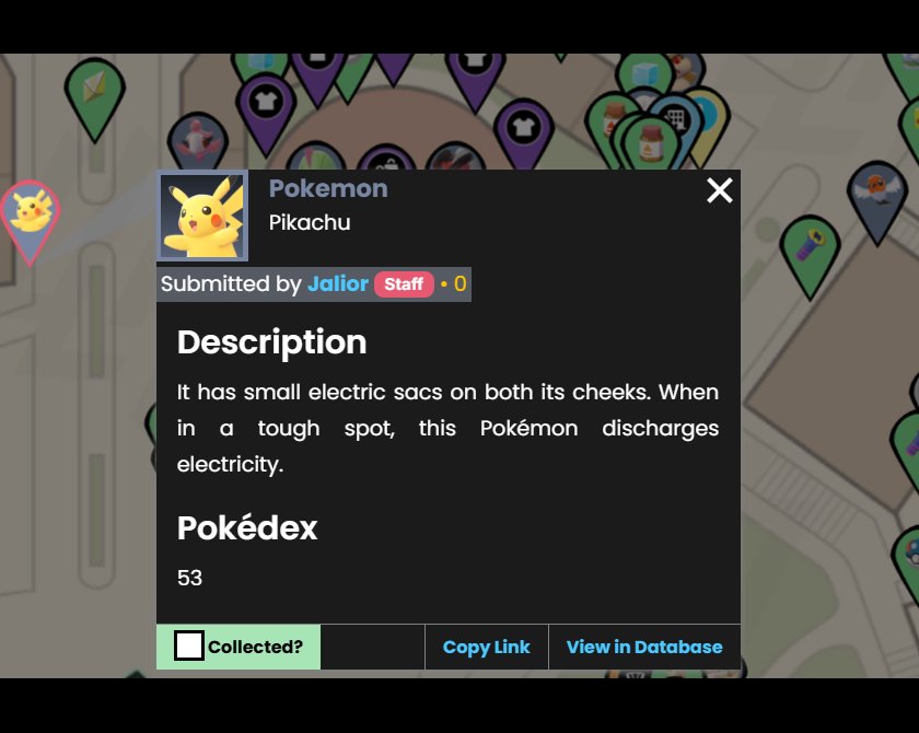 A submitted marker in action (Pikachu marker popup example).