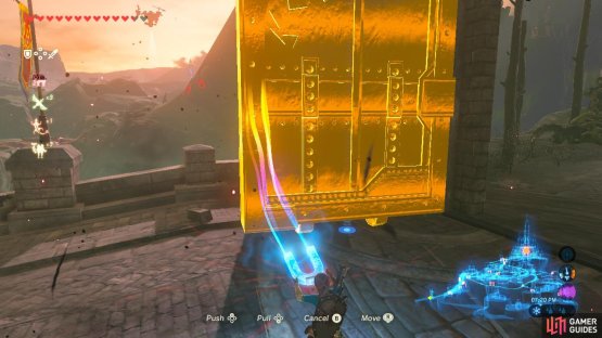 Pull open the gate with Magnesis and make sure you do so quickly