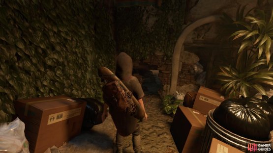 Crawl through the hole in the wall at the end of the path