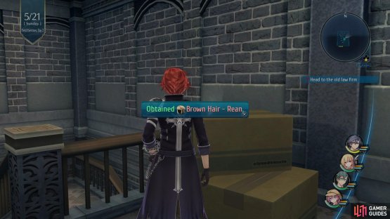 Head up to the top floor of the SSS Office and interact with the boxes to acquire Brown Hair for Rean