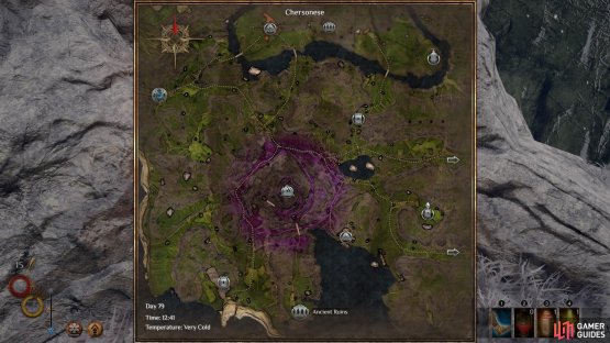 The location of Pirates’ Hideout on the Chersonese map, marked as ‘Ancient Ruins’ in the south of the region.