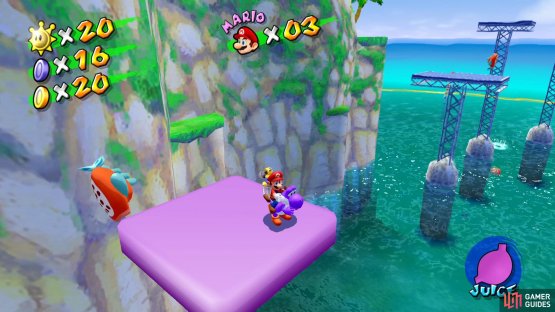 then use Yoshi&rsquo;s Juice to create Purple horizontal moving platforms by shooting the fish.