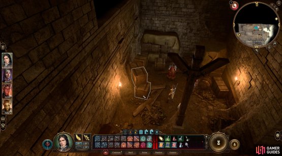 Move the wooden boxes away from the door, then light the spiderwebs on fire to access the door.