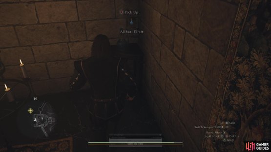 In the hidden passage, make sure you pick up the Allheal Elixir before heading through the door.