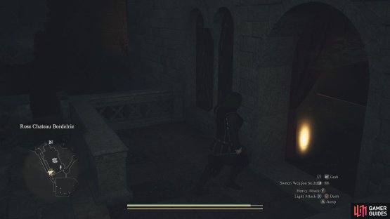 Go through the door, follow the ramparts north, and enter the Rose Chateau to your right.