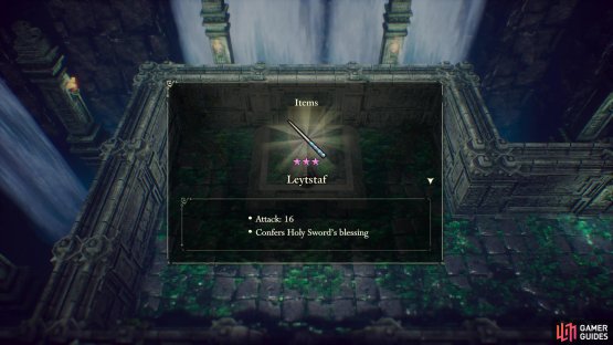 then flood the room beyond, swim to a blue door and open it with your new key and open the big red chest beyond to get the Leytstaf sword.