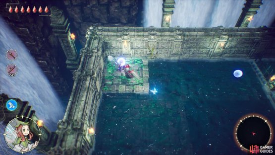 Flood the chamber again with a water orb, dive under a gateway to the north, hit another water orb to drain the water again,