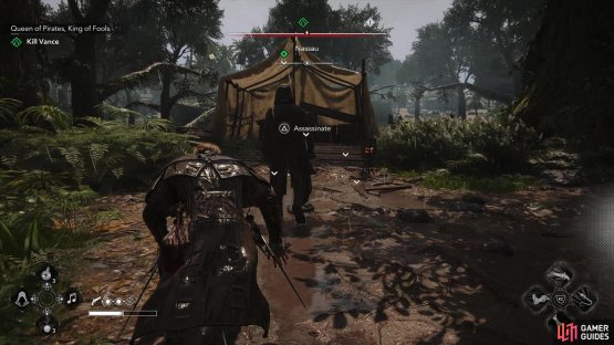 Wade through the swamp, retaining high ground and anonymity if you can and assassinate Vance,