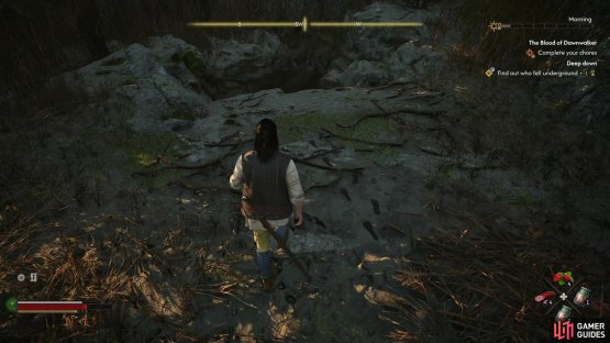 Follow clues through the bog  to find two wolves guarding a pit,