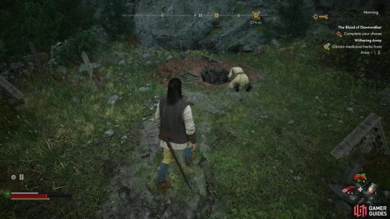 Find Crina crying by an exhumed grave to start the quest,