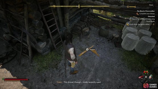 Go between two houses behind Rainer and examine a guiltily mud-encrusted shovel.
