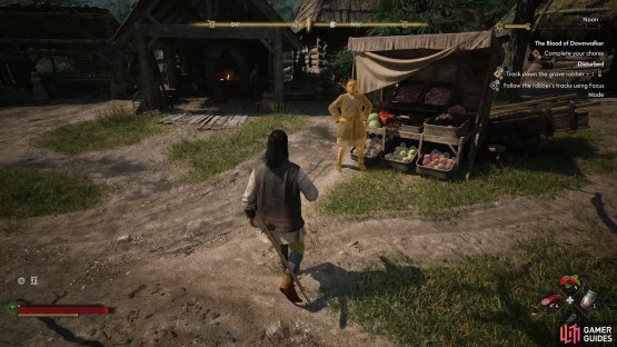 Follow tracks down the road until you find the merchant, Rainer.