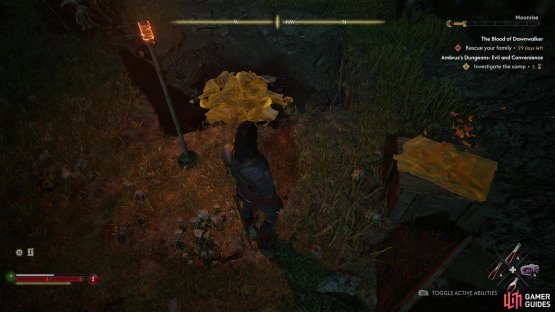 Defeat the guards and search the camp to find clues,