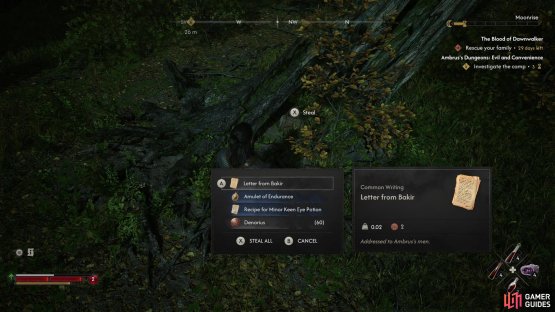 or find a fallen tree outside the palisade to find a hidden chest. Either way, the quest reward is the same.