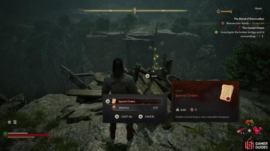 Head to the broken bridge and search some debris to find some “Special Orders”,