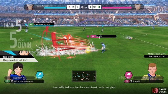 The Chain System rewards you for using dribbles and Super Moves by increasing your shot force and charge speed.