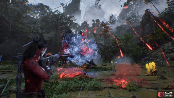 Avoid the projectiles while attacking the weak point to maximize damage.