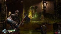 Throw the axe at Scorn Poles to remove the poison cloud.
