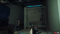 climb the crates and shoot the lock on the hatch to exit