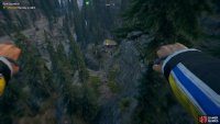 jump off the cliff in the direction of the cabin and use the wingsuit or parachute