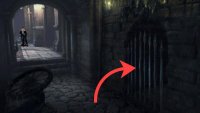 Spot a gate across a bridge from the courtyard.