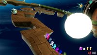 Follow the path until you can reach a point to jump to the central moon safely. You can use your long jump to reach the moon sooner!