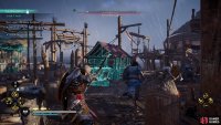 Destroy the carts at the blockade by shooting the fire pots on them.