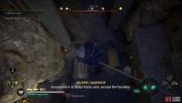 Jump into the haystack and wait for guards to pass to enter the Foundry unseen.
