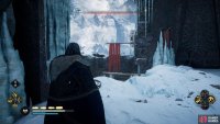 Jump over the wooden planks to enter the keep through the open gate.
