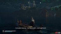 Wait for Njord to get in the boat with you, then ferry him back to the shore to the south.